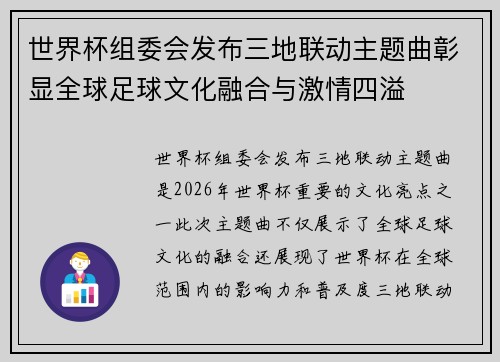 世界杯组委会发布三地联动主题曲彰显全球足球文化融合与激情四溢